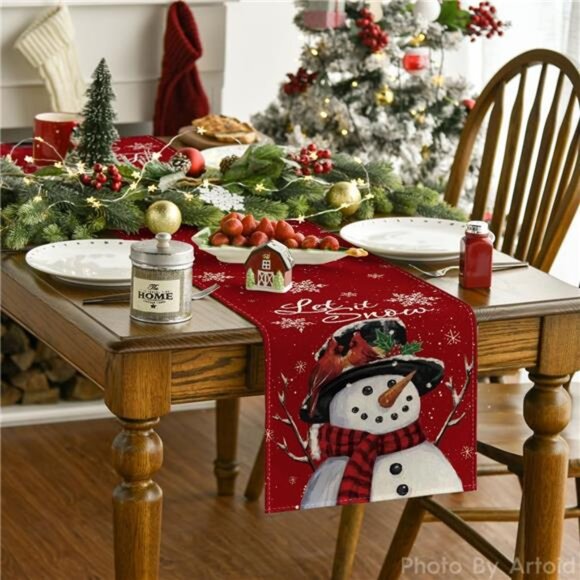 Mode Red Snowman Let It Snow Winter Table Runner, Seasonal Christmas - Picture 2 of 7